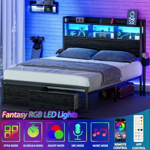 Black Full Size Metal Platform Bed Frame with Wood Headboard and Storage Drawers E30201