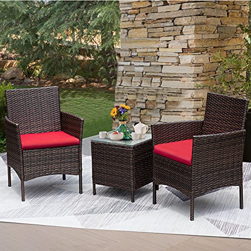 3 Pieces PE Rattan Wicker Patio Furniture Set with Cushion and Glass Coffee Table C668
