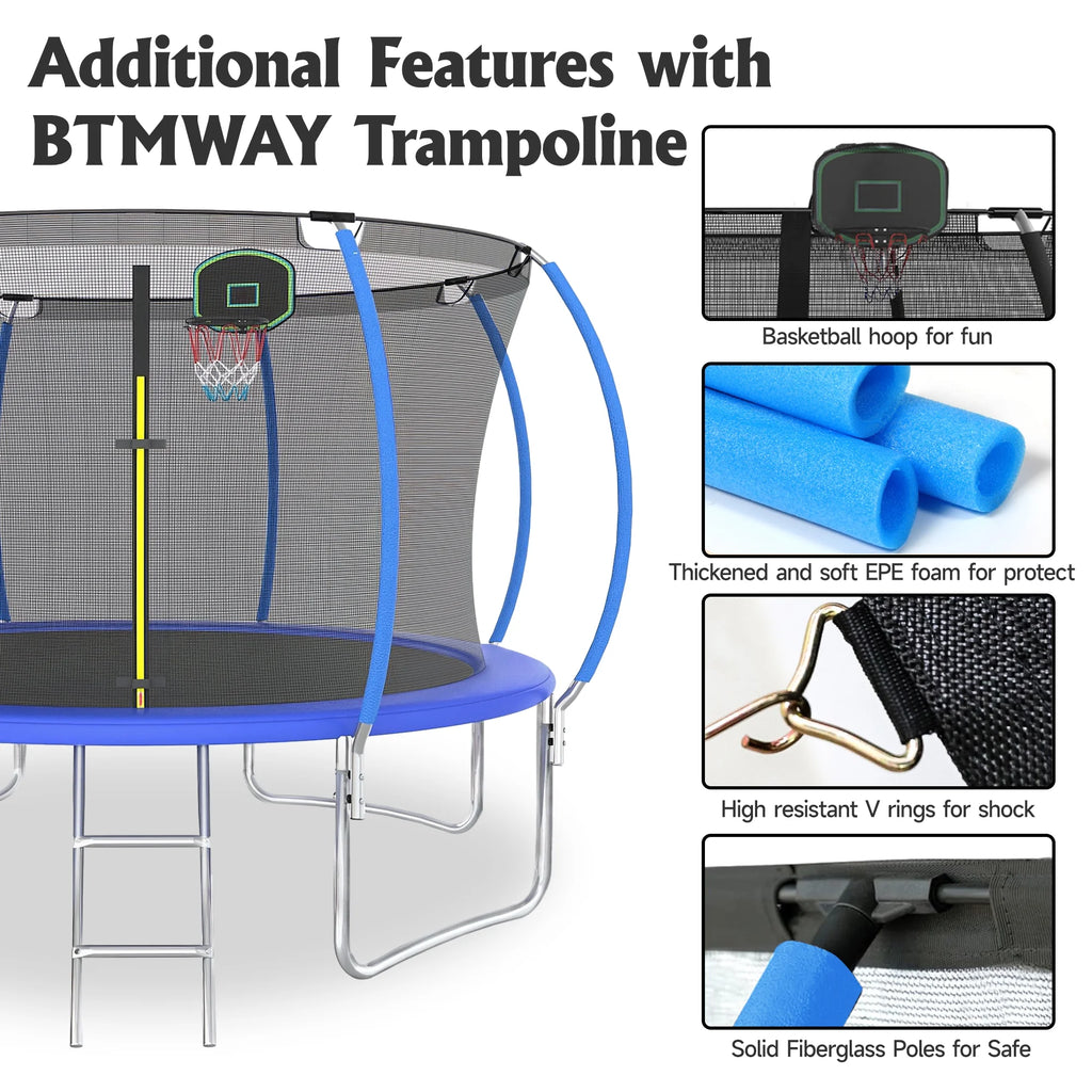 12FT Trampoline with Basketball Hoop and Safety Enclosure Net M7636