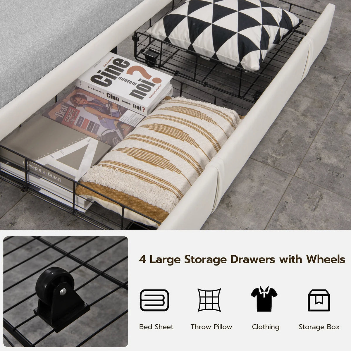 Faux Leather Upholstered Queen Bed Frame with Storage Headboard and 4 Drawers A835