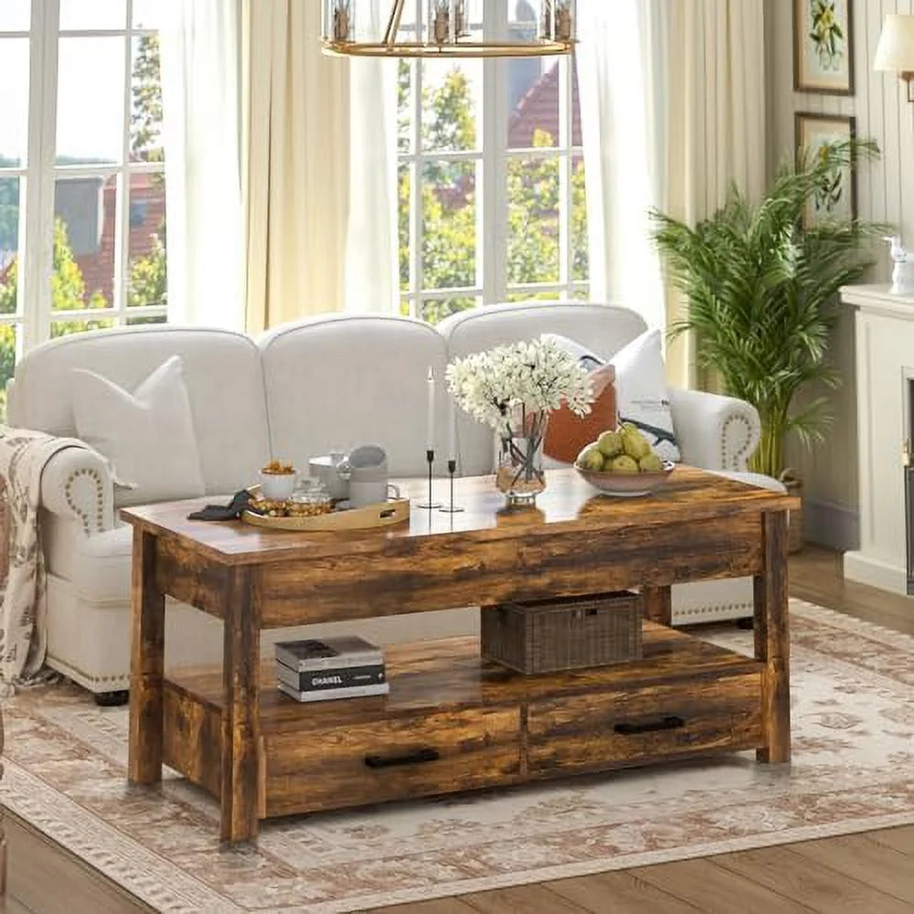 41.7'' Lift Top Coffee Table with 2 Drawer Hidden Compartment Rustic Brown V4987