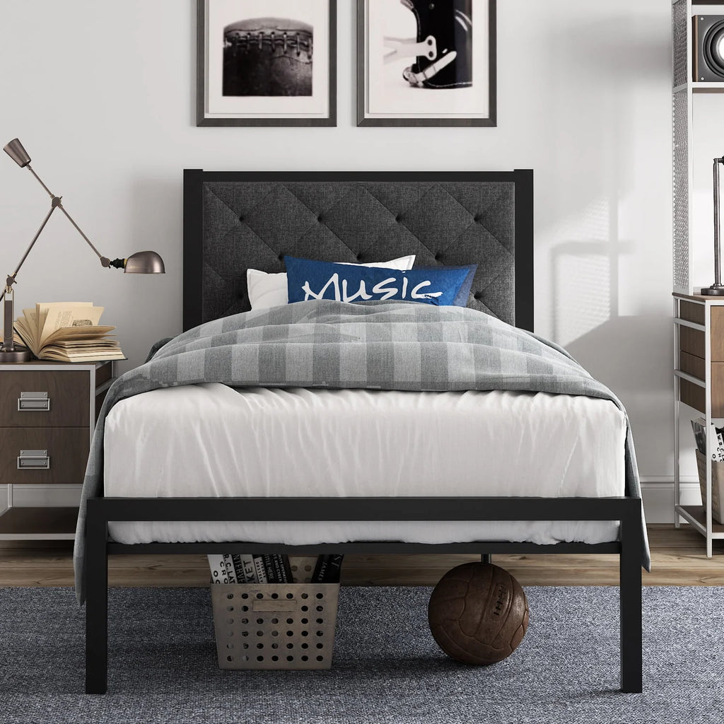 Twin Size Metal Bed Frame with Upholstered Headboard P965541
