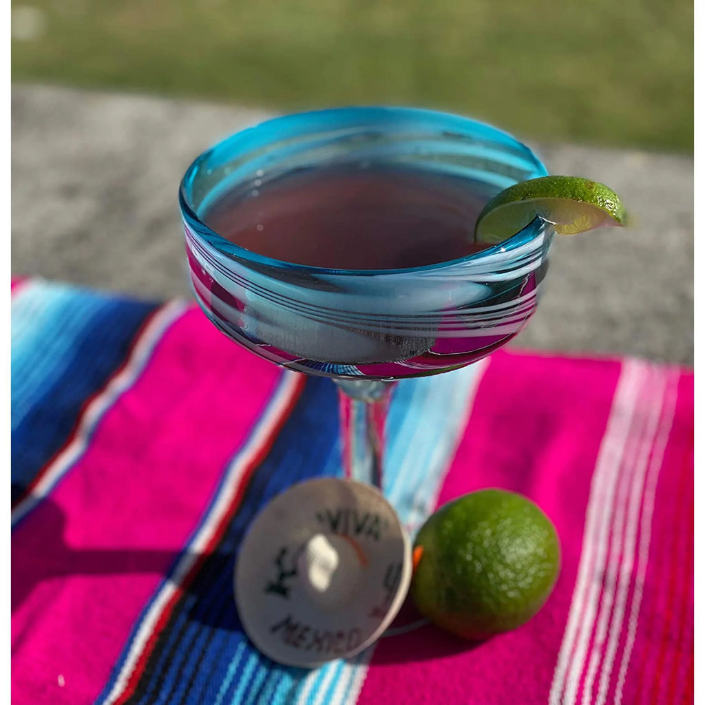 Set of 4 Hand Blown Margarita Glasses Aqua Swirl 16 oz P28645