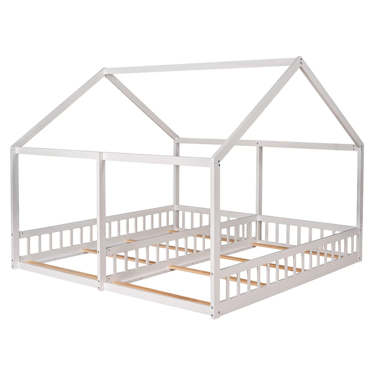 White Twin Size Wood House Platform Bed with Safety Fence Y9001