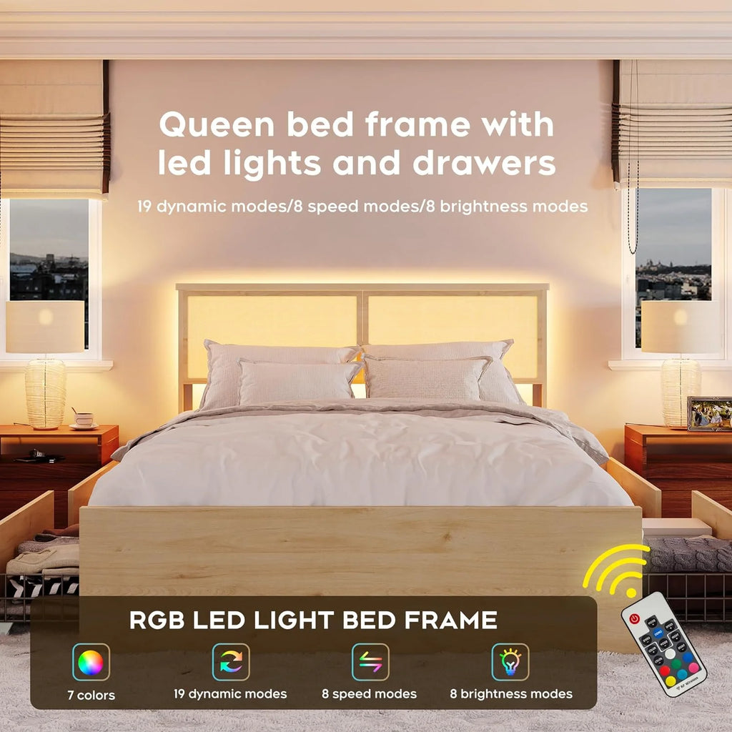 Natural Rattan Queen Bed Frame with Wooden Headboard and 4 Storage Drawers Y235398
