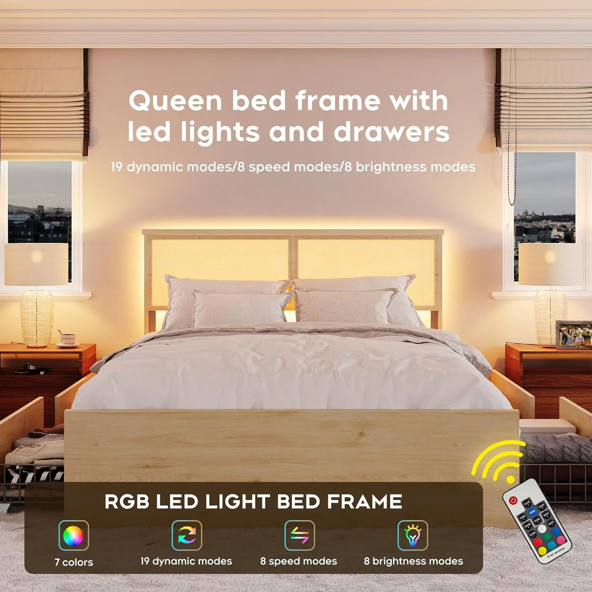Natural Rattan Queen Bed Frame with Wooden Headboard and 4 Storage Drawers Y235398