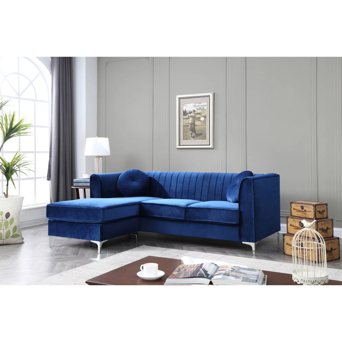 Navy Blue Velvet L-Shape 3-Seater Sectional Sofa V2066