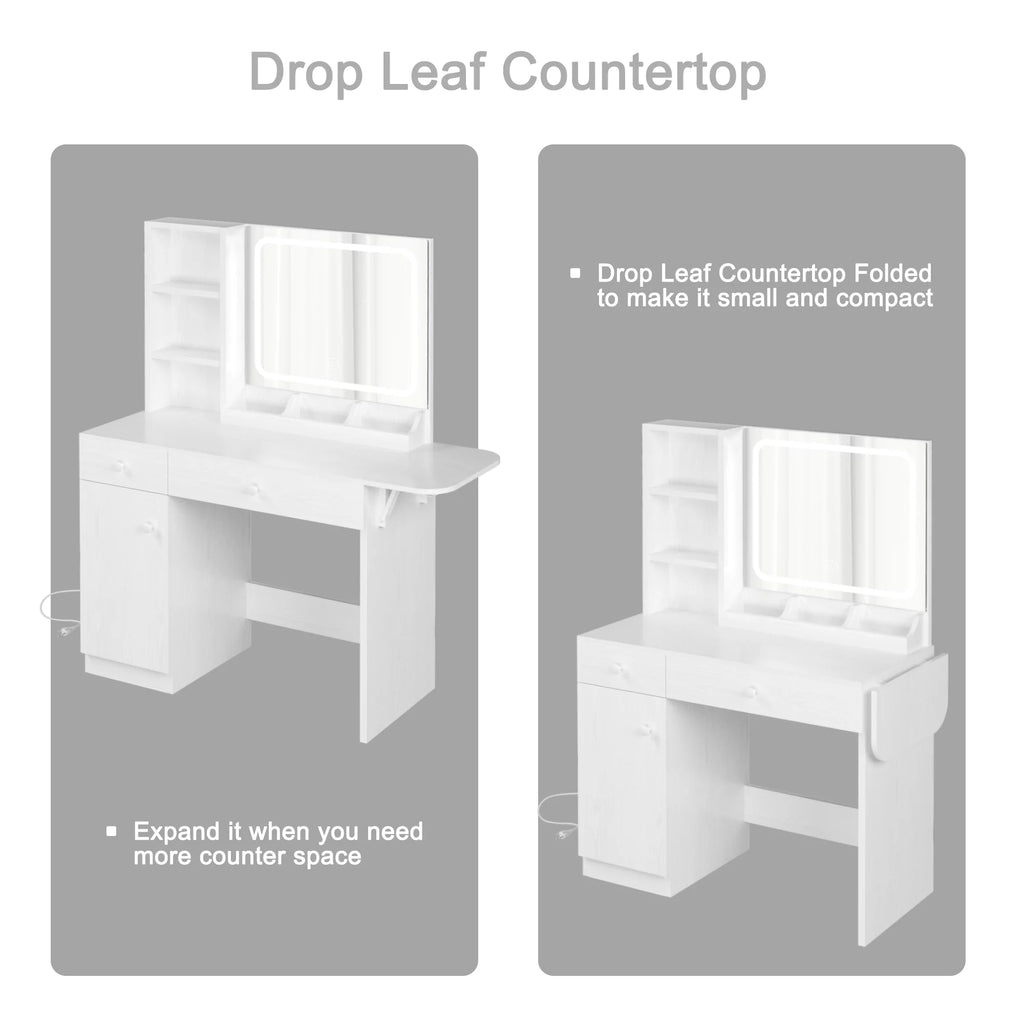 White Vanity Desk with Lighted Mirror and Storage Stool T9602