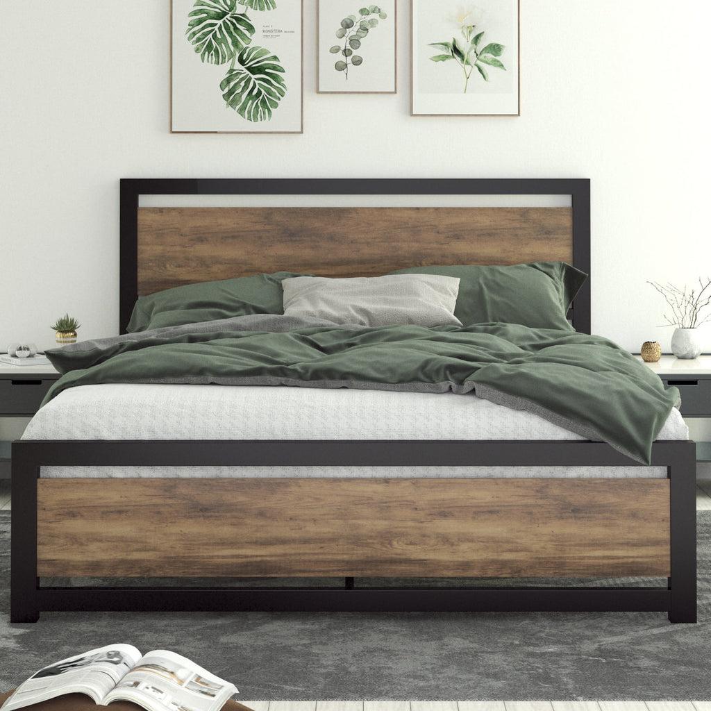 Queen Size Metal Platform Bed Frame with Wooden Headboard S193051