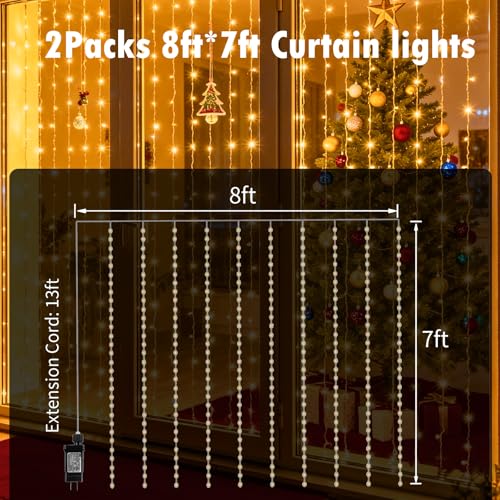2 Packs LED Curtain String Lights 8FT x 7FT Waterproof Warm White W431