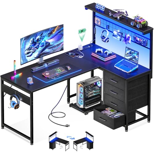 Black L Shaped Gaming Desk with Shelf & 4 Drawers M65897