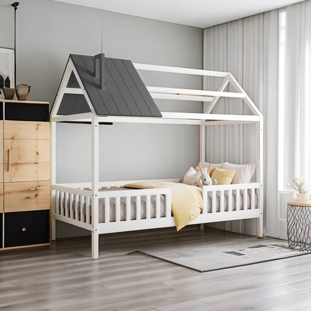 Wood Bed Frame with Pine Wood Roof and Guardrails C983