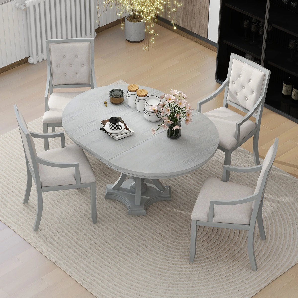 5 Piece Gray Wood Dining Table Set with 4 Upholstered Chairs Z92760