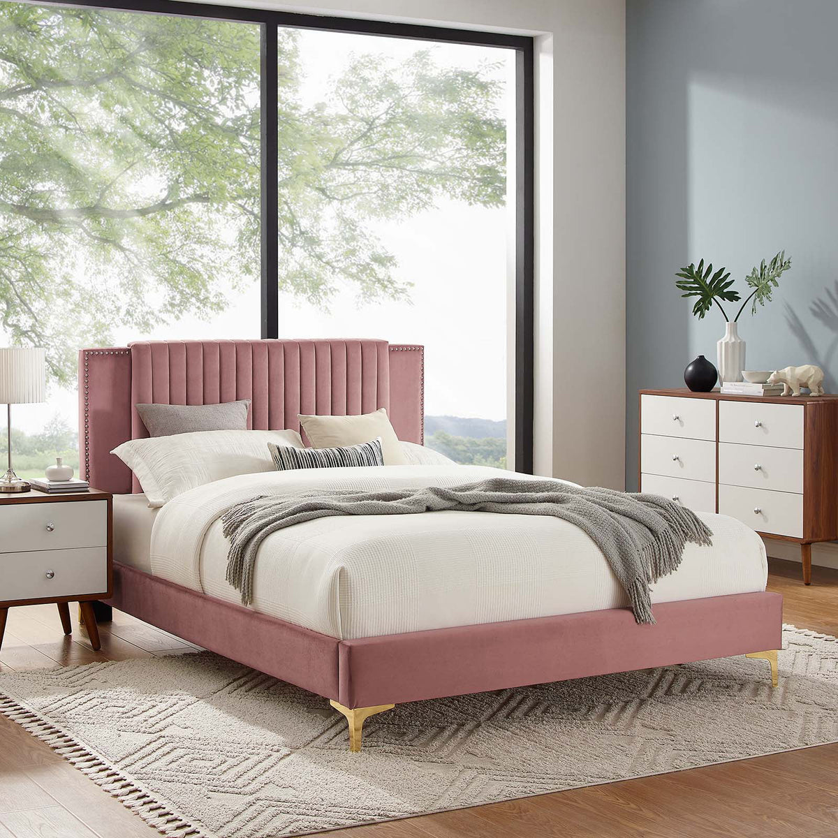 Dusty Rose Velvet Twin Platform Bed E462