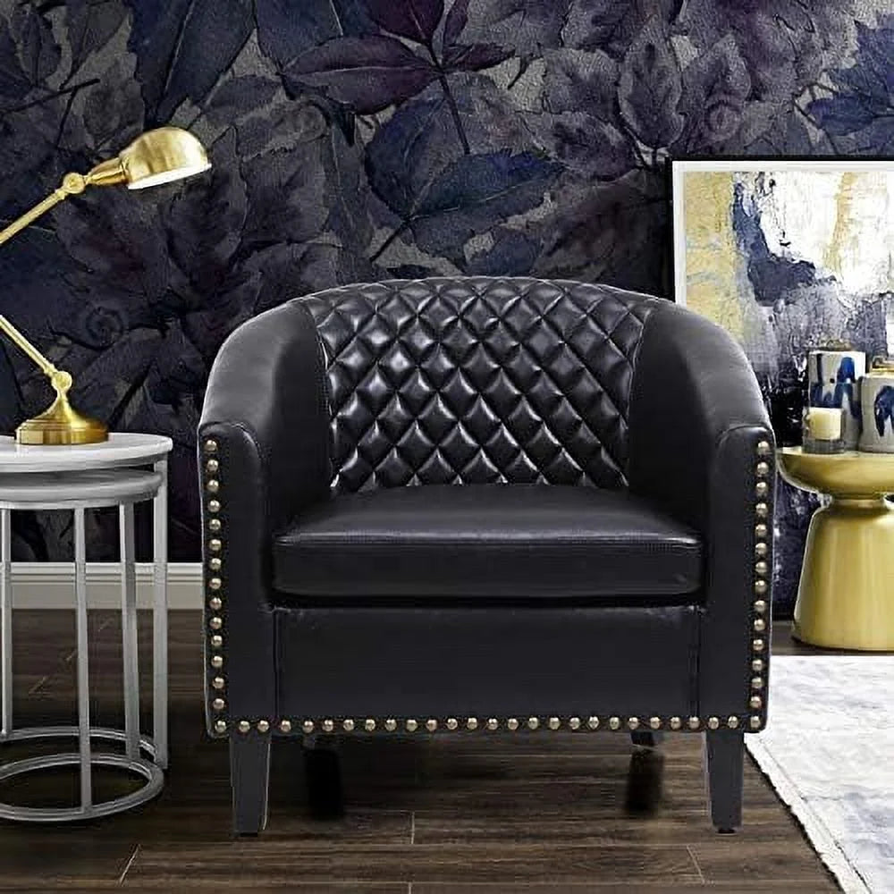 Brown Leather Tufted Barrel Chair with Wood Legs L15476