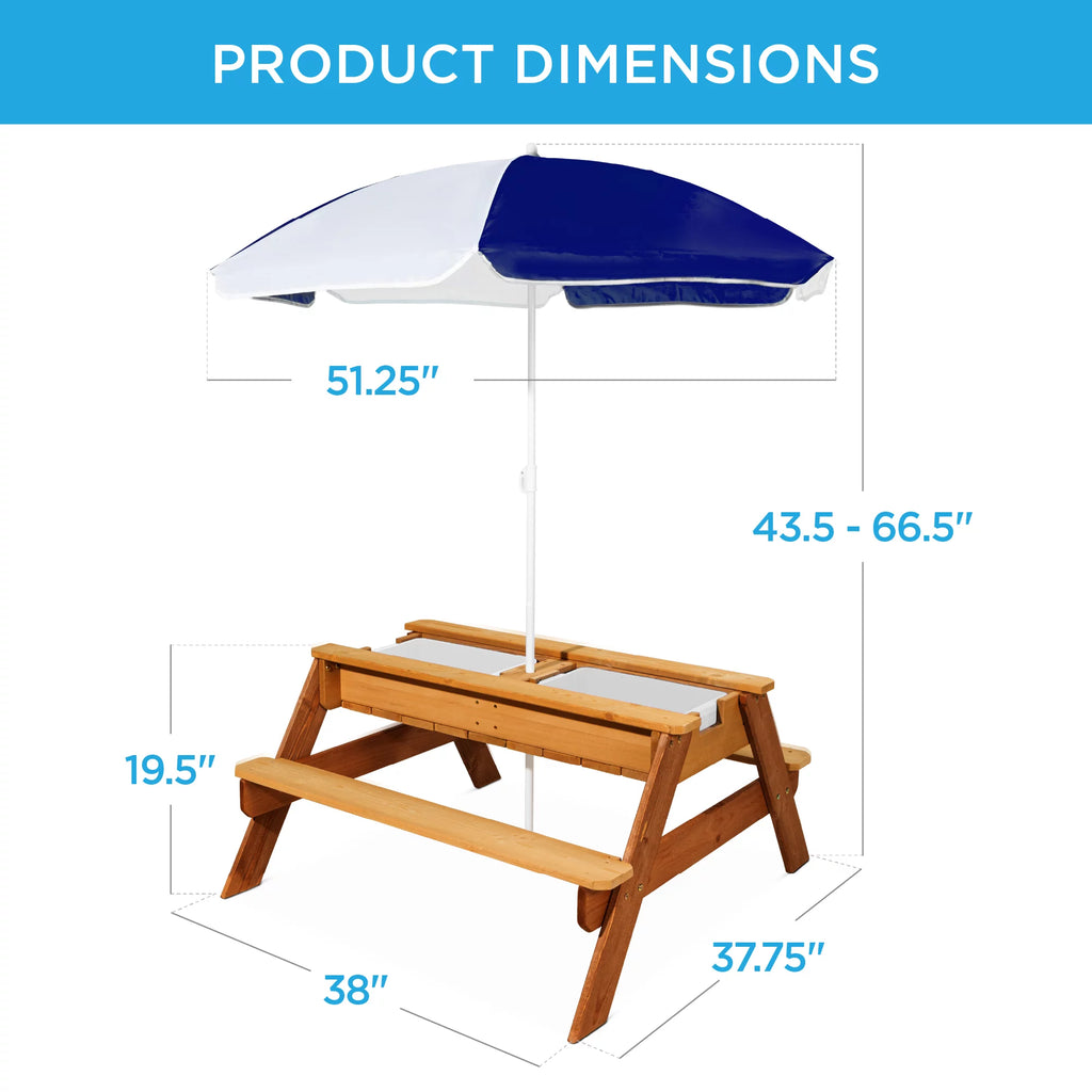 Kids 3-in-1 Wood Sand & Water Picnic Table with Umbrella C71839
