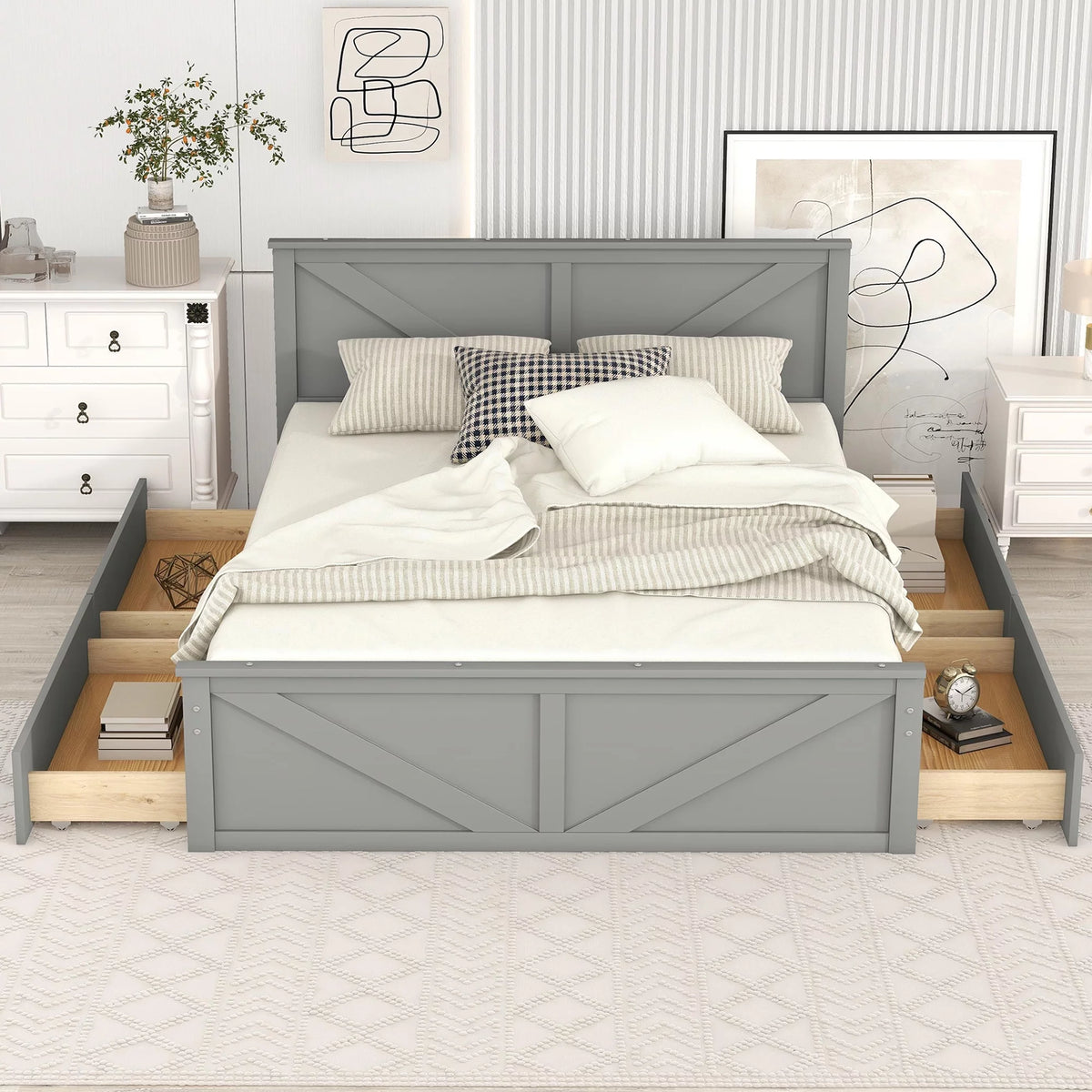 Wood Queen Bed Frame with 4 Storage Drawers Z616875