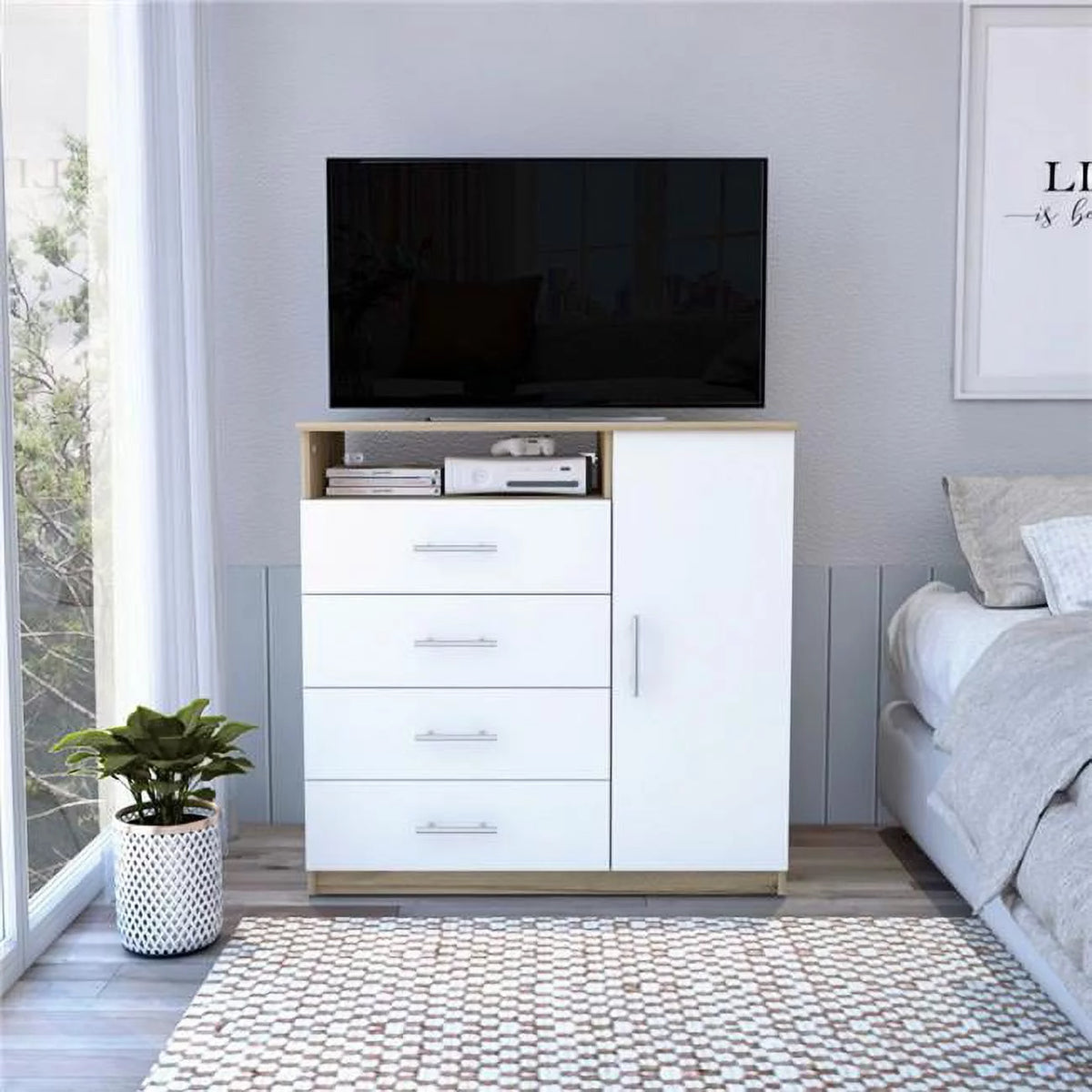 Light Oak White 4 Drawer Dresser with Hanging Rod and Open Shelf F479920