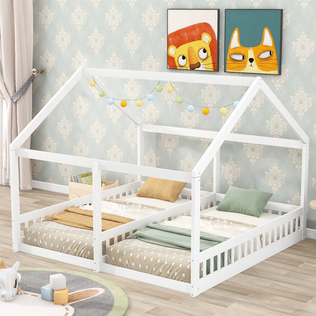 White Twin Size Wood House Platform Bed with Safety Fence Y9001