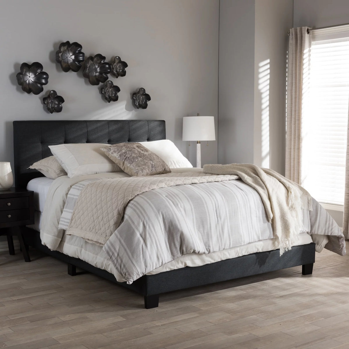 Charcoal Grey Grid-tufted Upholstered Panel Bed Queen S1094