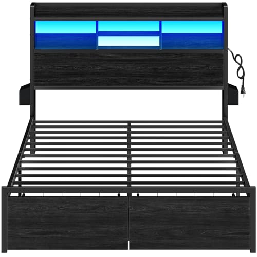Black Full Size Metal Platform Bed Frame with Wood Headboard and Storage Drawers E30201