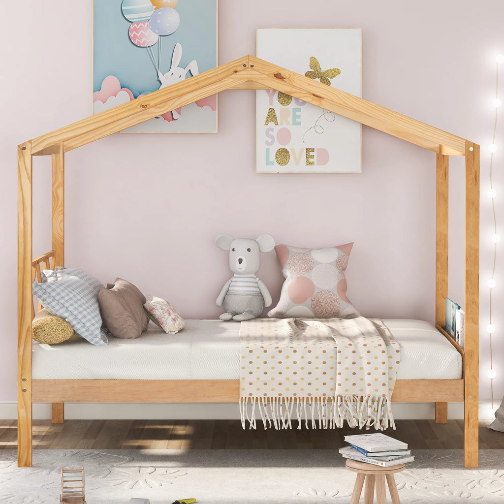 Twin Size Wood House Bed with Storage Space E3644