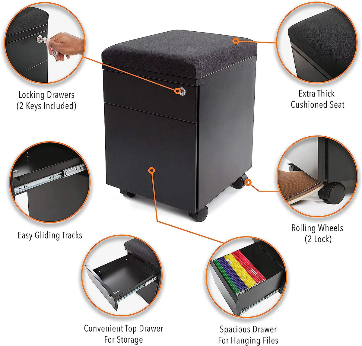 Black 2 Drawer Mobile File Cabinet with Cushion Top S7266