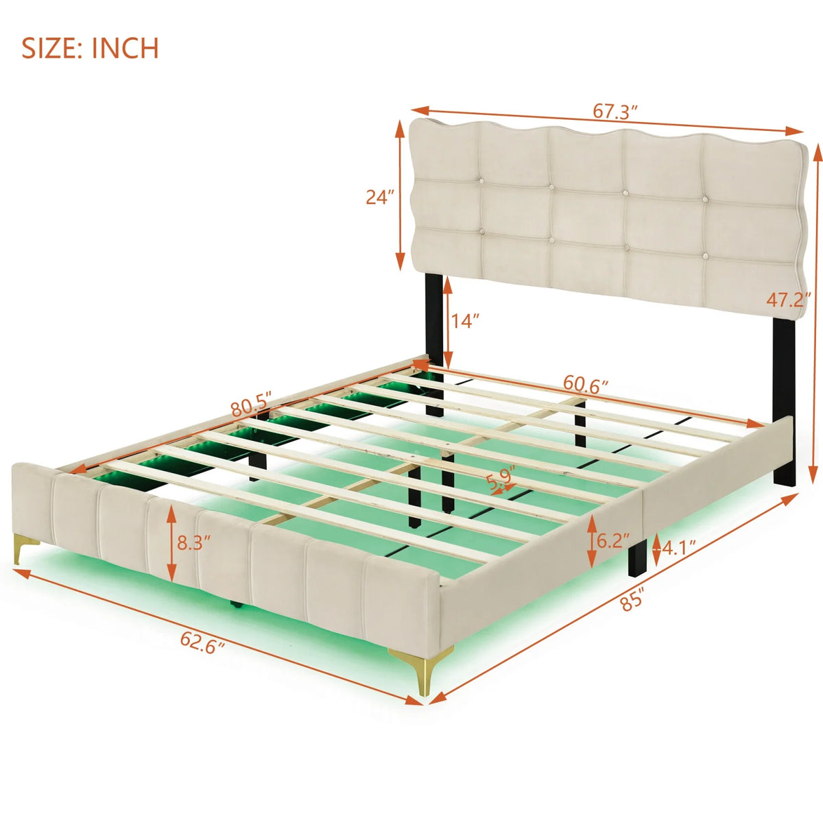 Queen Size Beige Velvet Upholstered Platform Bed with LED N941