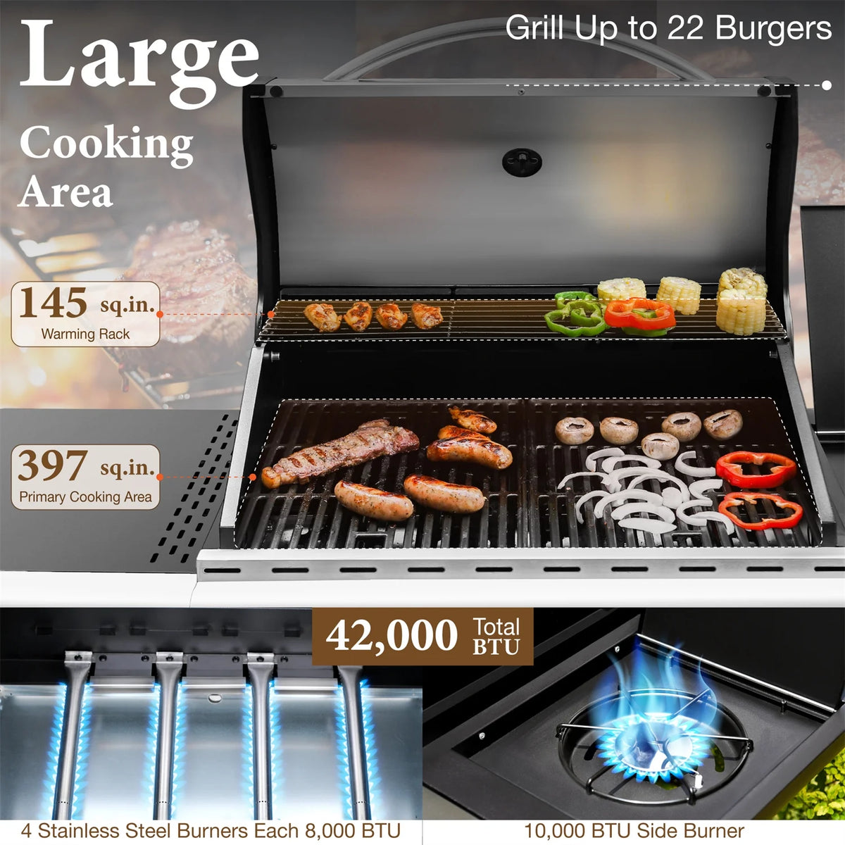 4 Burner Propane Gas Grill with Side Burner Stainless Steel Q342