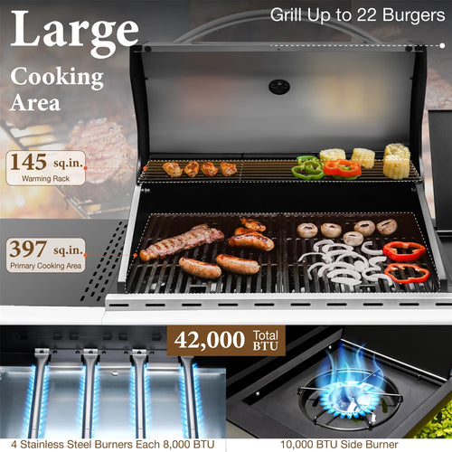4 Burner Propane Gas Grill with Side Burner Stainless Steel Q342
