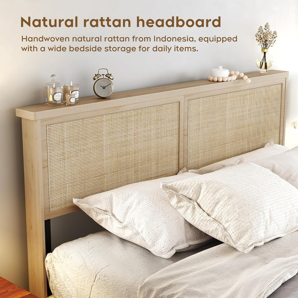 Natural Rattan Queen Bed Frame with Wooden Headboard and 4 Storage Drawers Y235398