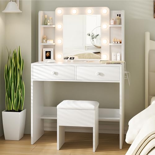 White Vanity Desk with Mirror, LED Lights, Power Outlets, Drawers, Shelves, Storage Chair Q202