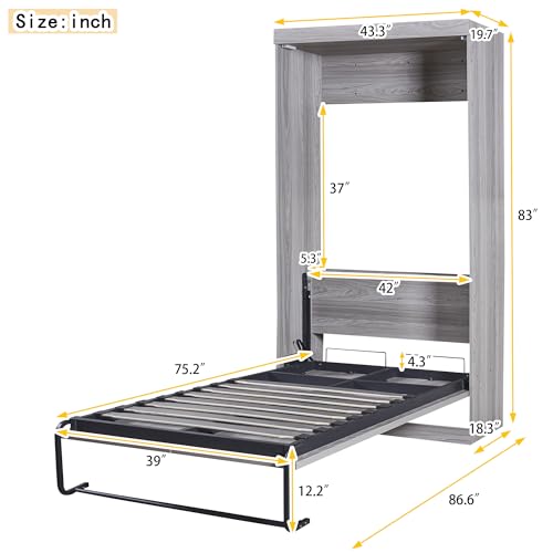 Full Size Murphy Bed with Storage Shelves and Drawers, Gray S70981