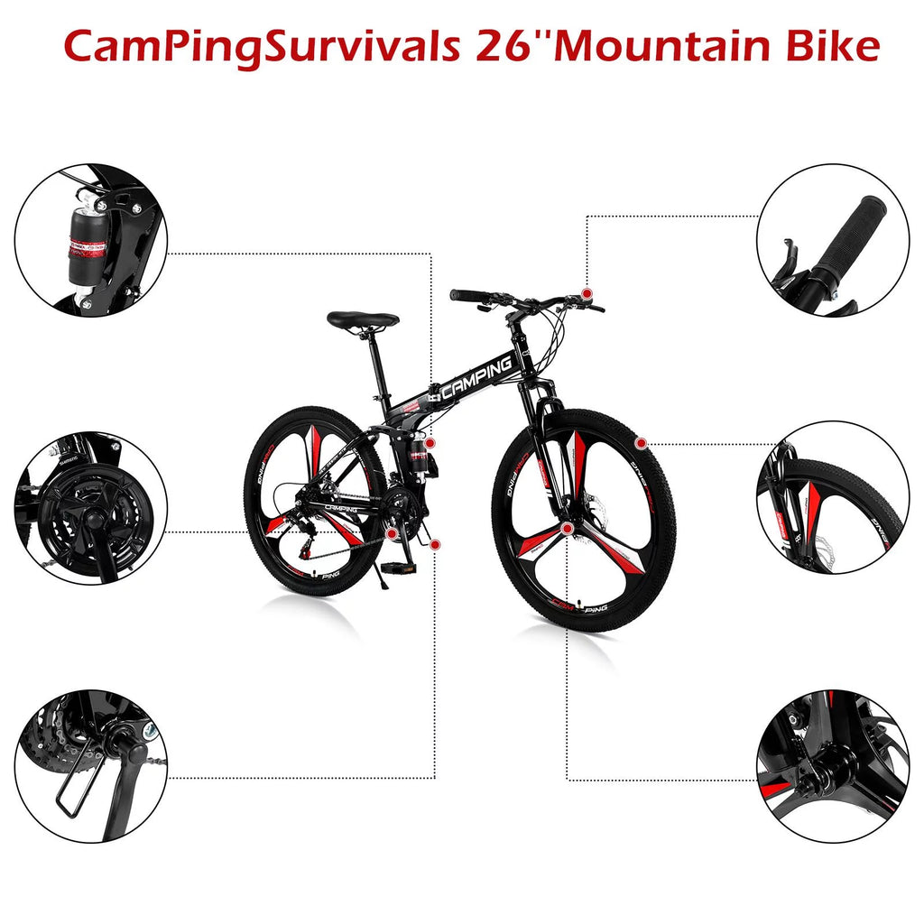 26 inch 21 Speeds Folding Mountain Bike High Carbon Steel Red H53271