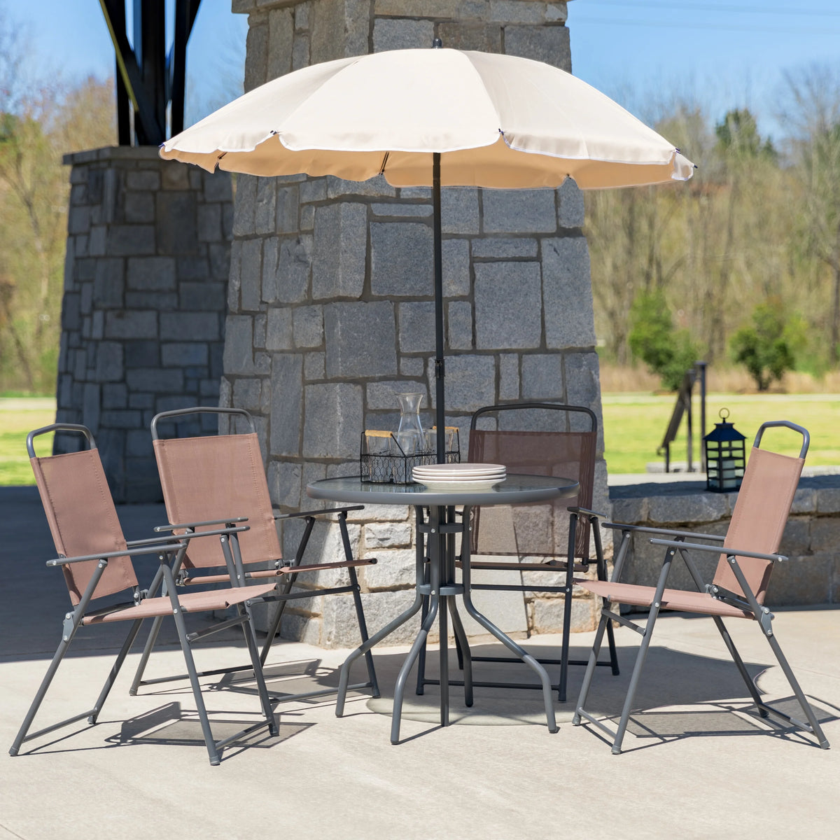 6-Piece Patio Set with Glass Table, Umbrella, and 4 Folding Chairs, Black U97157