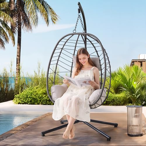 Hanging Egg Chair with Stand, Cushion, Dual Chains, 350LBS Capacity R636870