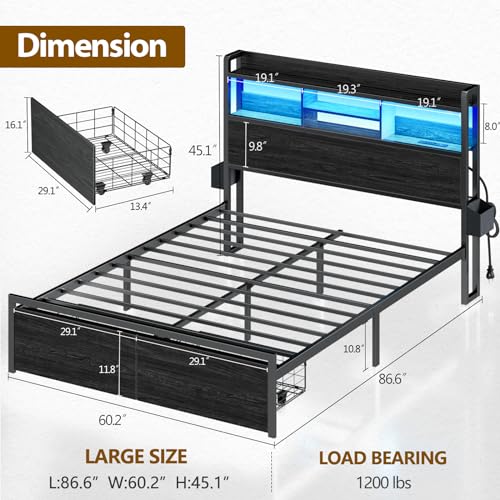 Black Full Size Metal Platform Bed Frame with Wood Headboard and Storage Drawers E30201
