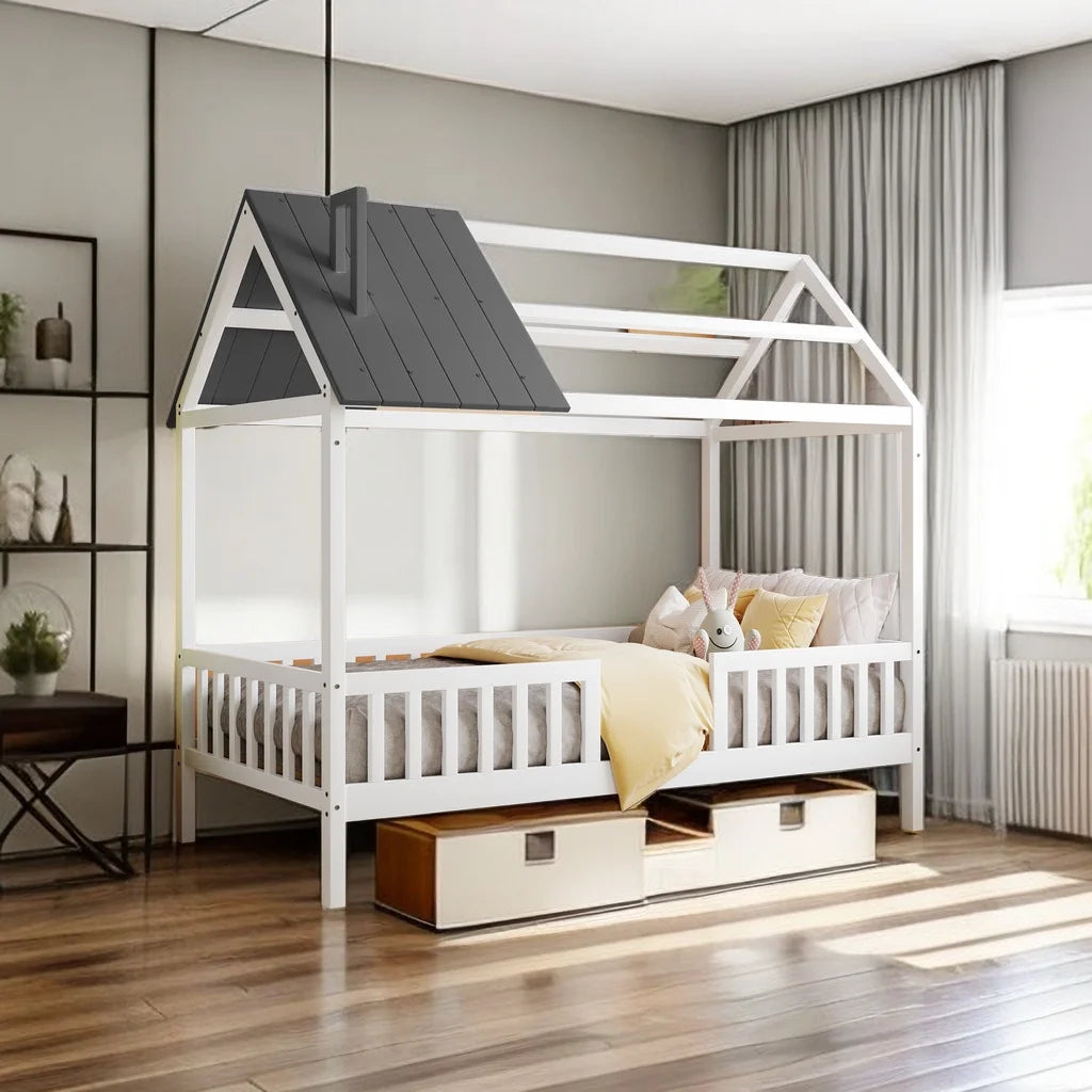 Wood Bed Frame with Pine Wood Roof and Guardrails C983