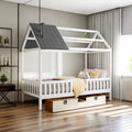 Wood Bed Frame with Pine Wood Roof and Guardrails C983