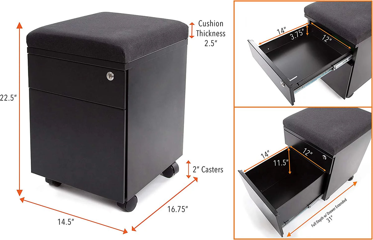 Black 2 Drawer Mobile File Cabinet with Cushion Top S7266