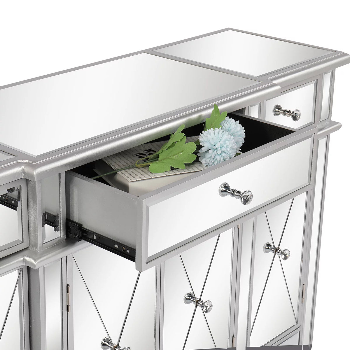 Mirrored Finish Glass TV Stand with 3 Drawers K746