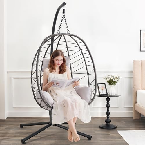 Hanging Egg Chair with Stand, Cushion, Dual Chains, 350LBS Capacity R636870
