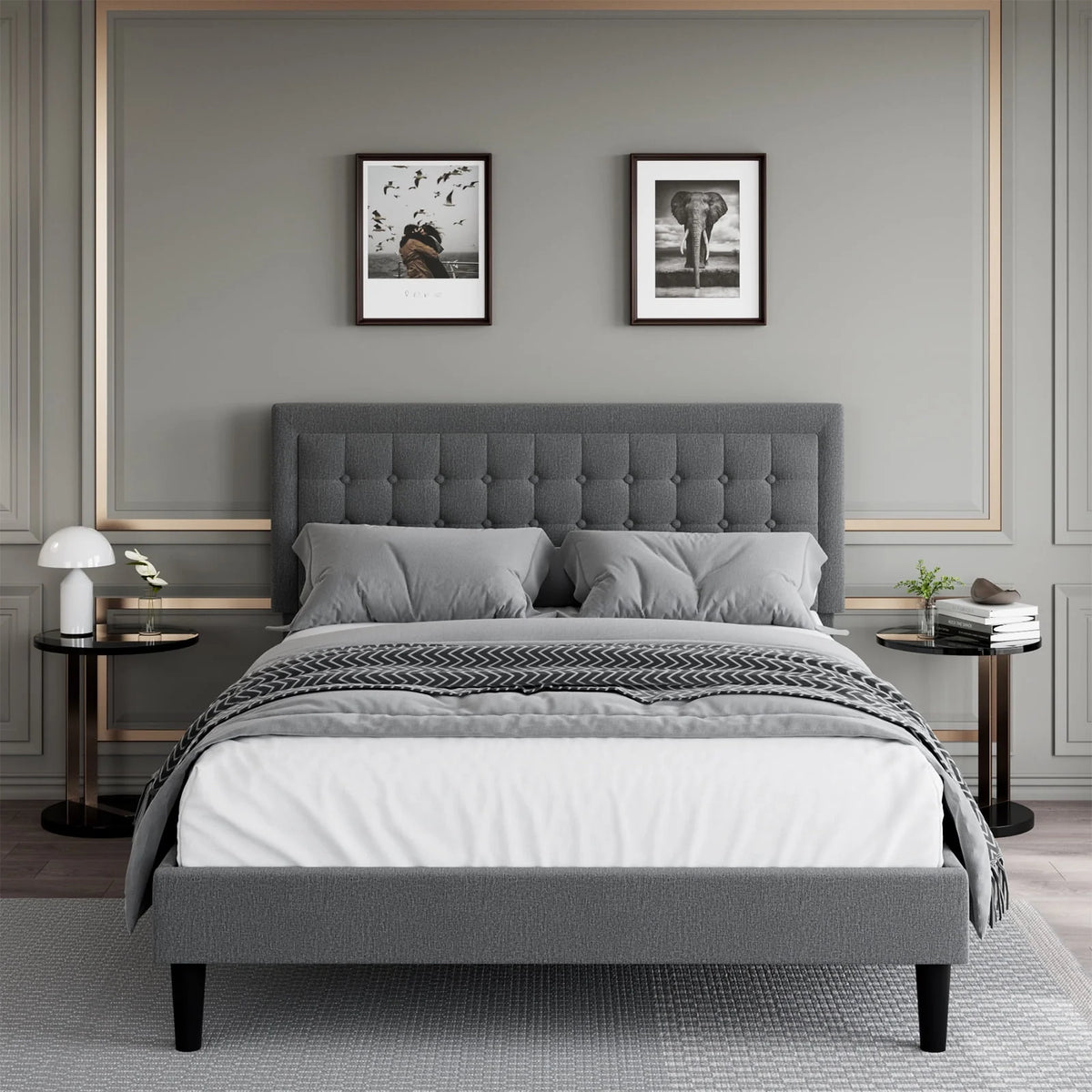 King Size Beige Upholstered Platform Bed Frame V134