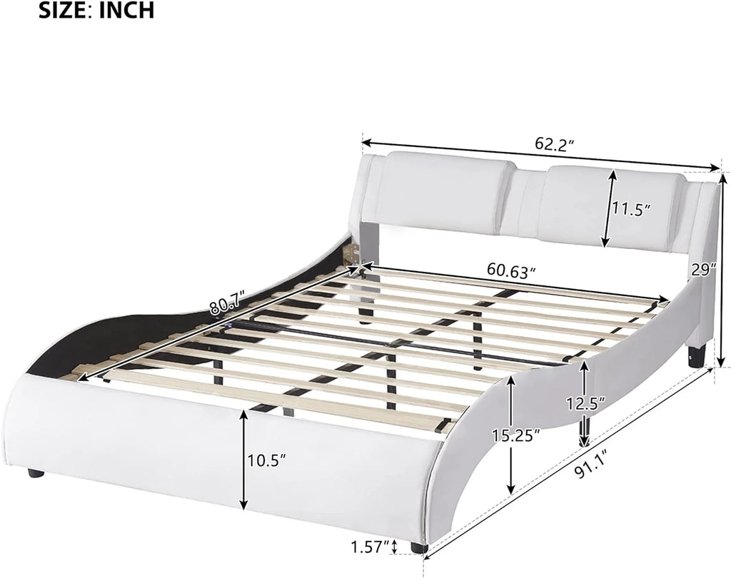 White Upholstered Faux Leather Platform Bed with LED Lights R186626