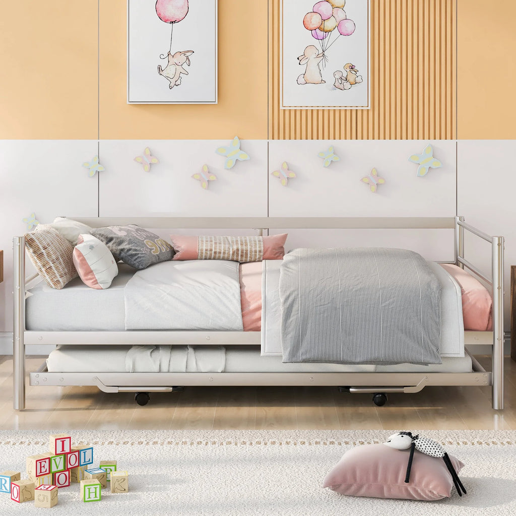 Twin Size Metal Daybed with Adjustable Trundle C55268