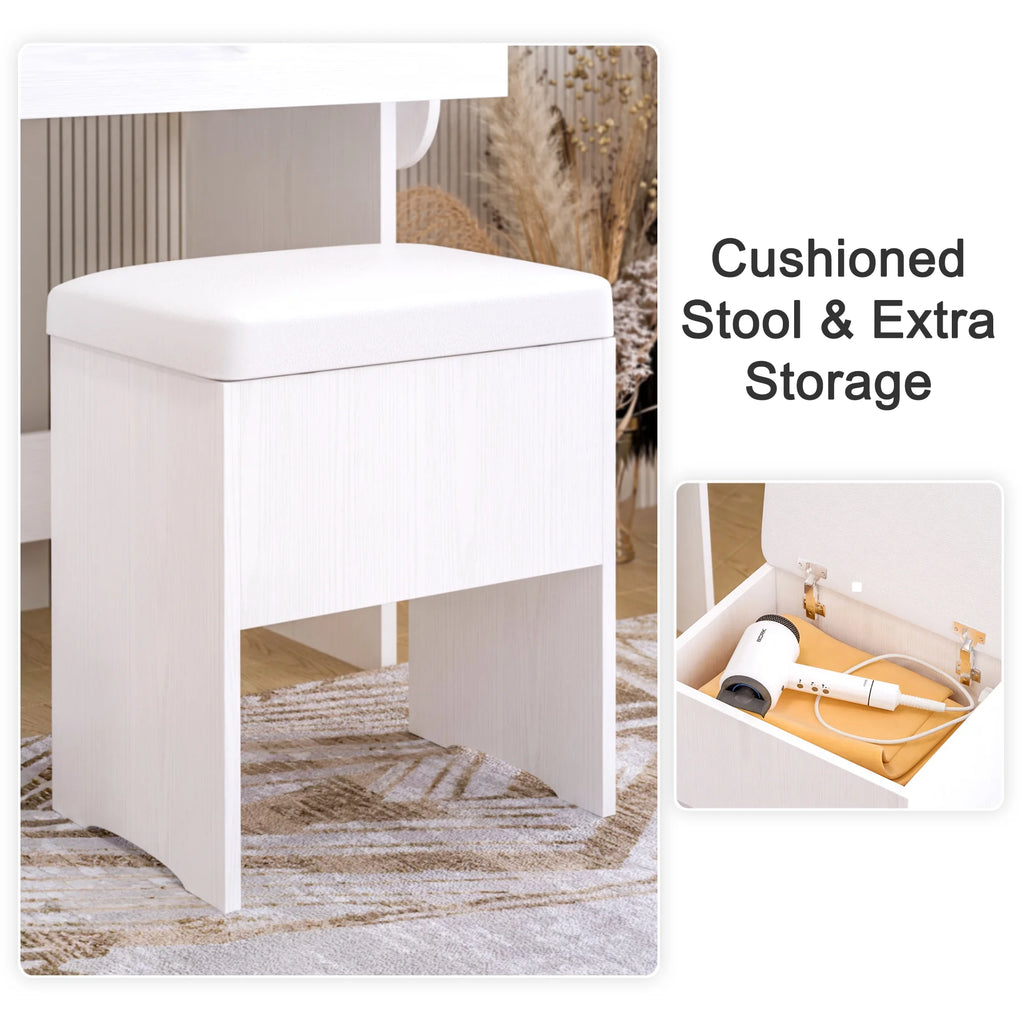 White Vanity Desk with Lighted Mirror and Storage Stool T9602