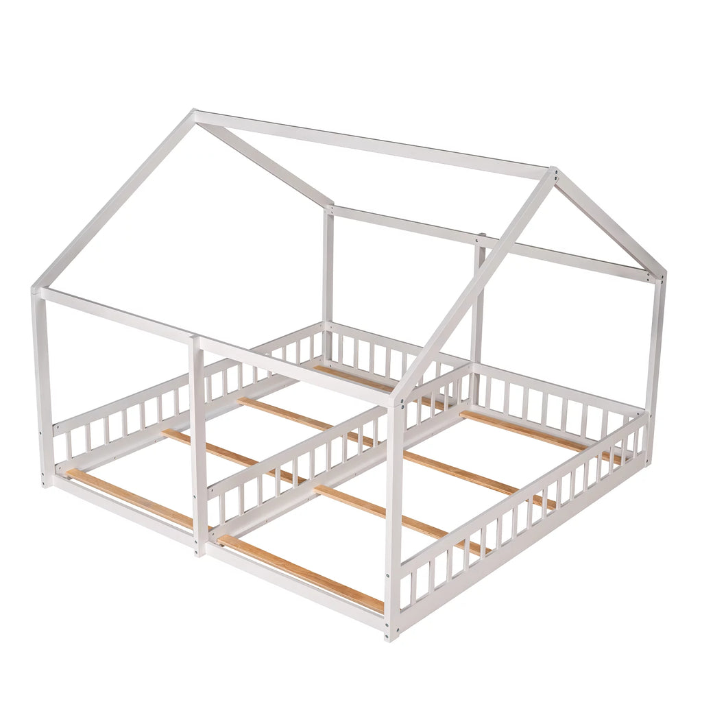White Twin Size Wood House Platform Bed with Safety Fence Y9001