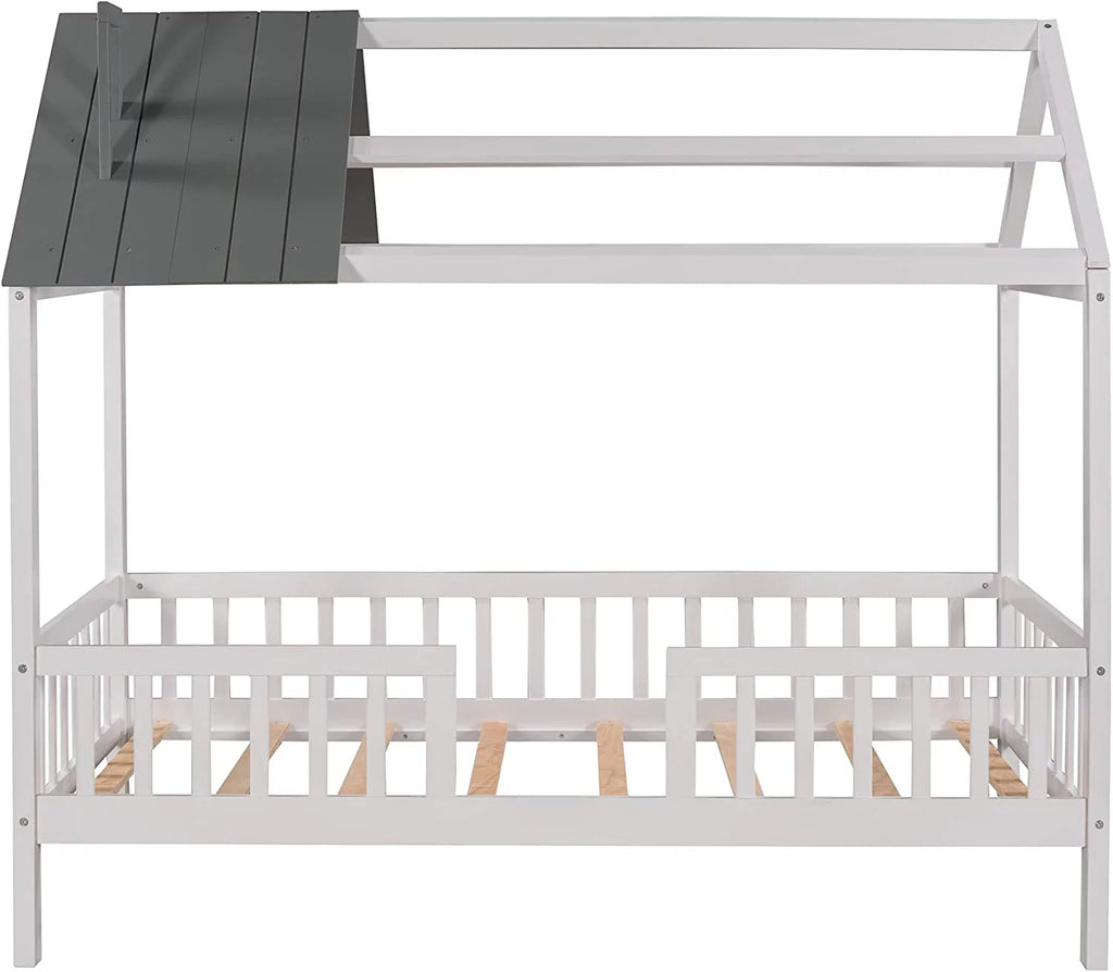 Wood Bed Frame with Pine Wood Roof and Guardrails C983