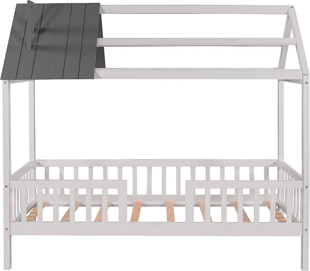 Wood Bed Frame with Pine Wood Roof and Guardrails C983