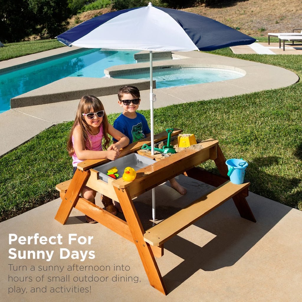 Kids 3-in-1 Wood Sand & Water Picnic Table with Umbrella C71839